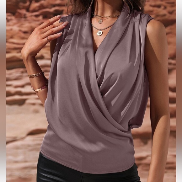 Luxe Satin Classic Ruched Overlap Sleeveless Office Work Top Blouse Shirt GREEN - Picture 12 of 16